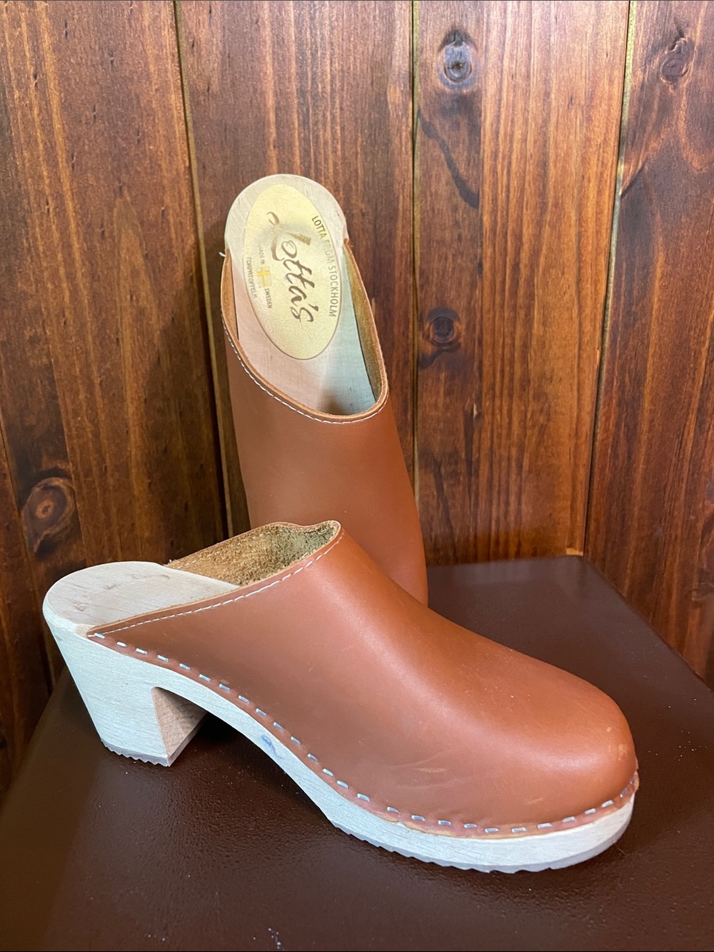 Lotta From Stockholm Leather Clog Mules in Cognac Brown Sz40
